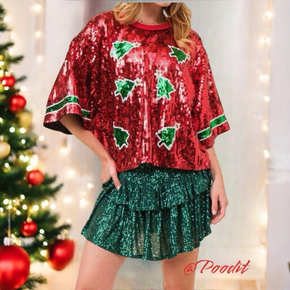 poodit Tops - Sequin Christmas tree holiday top S M L XL